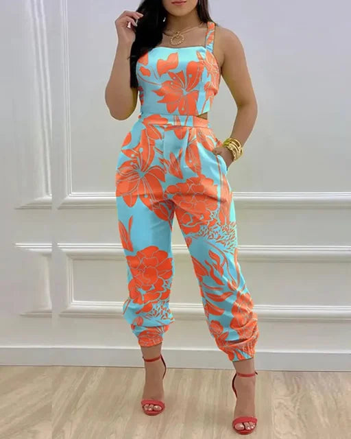 Women Printed Letter Jumpsuits Sleeveless V Neck Suspenders Backless High Waist Trousers Overall Rompers Pockets Autumn
