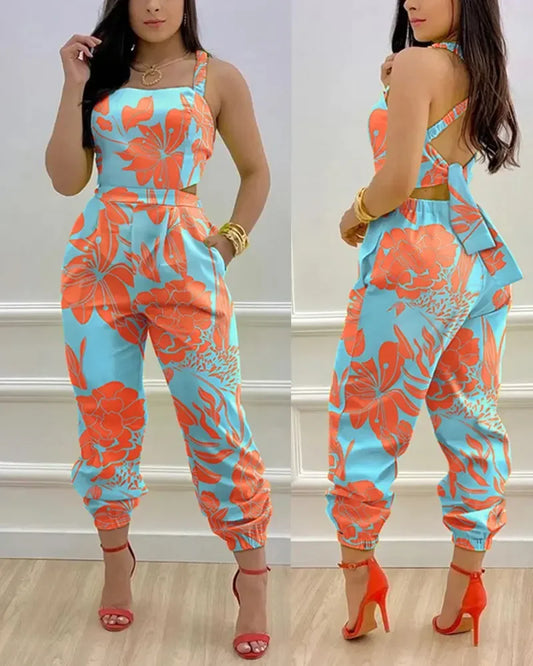 Women Printed Letter Jumpsuits Sleeveless V Neck Suspenders Backless High Waist Trousers Overall Rompers Pockets Autumn