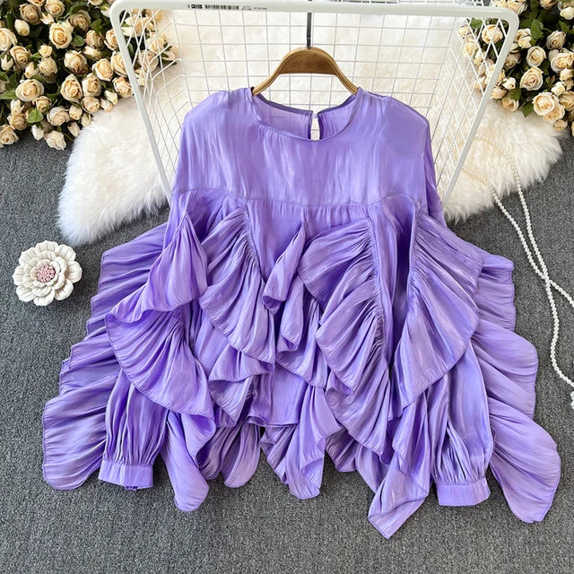 Women Spring Autumn Blouse New European American Vintage Round Neck Ruffle Loose Long Sleeved Foreign Style Irregular Top