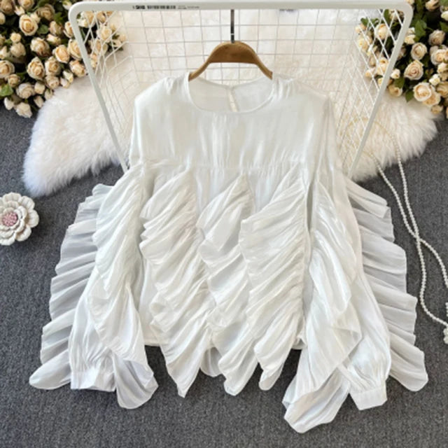 Women Spring Autumn Blouse New European American Vintage Round Neck Ruffle Loose Long Sleeved Foreign Style Irregular Top