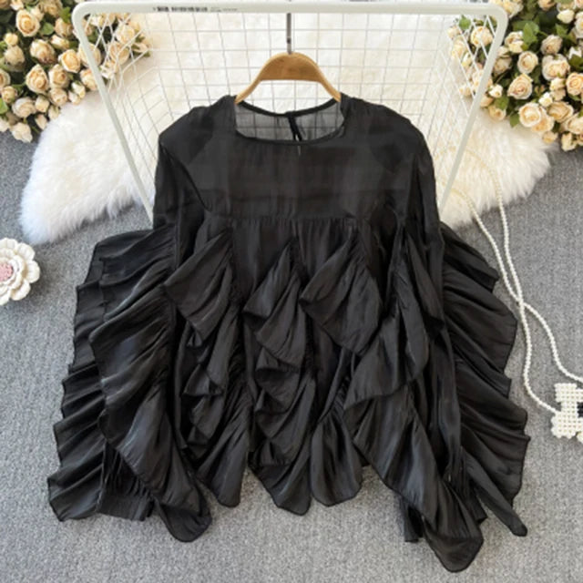 Women Spring Autumn Blouse New European American Vintage Round Neck Ruffle Loose Long Sleeved Foreign Style Irregular Top