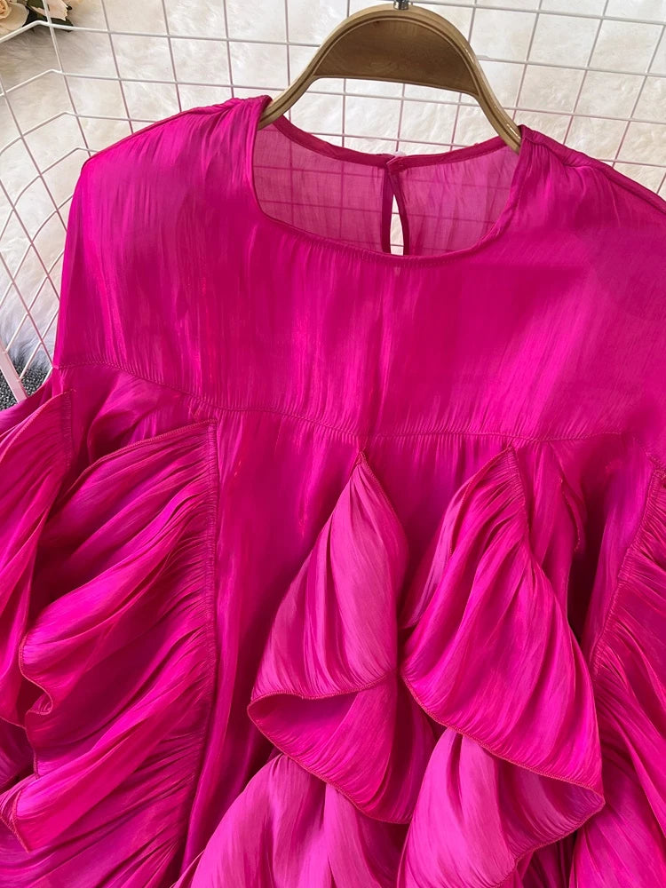 Women Spring Autumn Blouse New European American Vintage Round Neck Ruffle Loose Long Sleeved Foreign Style Irregular Top