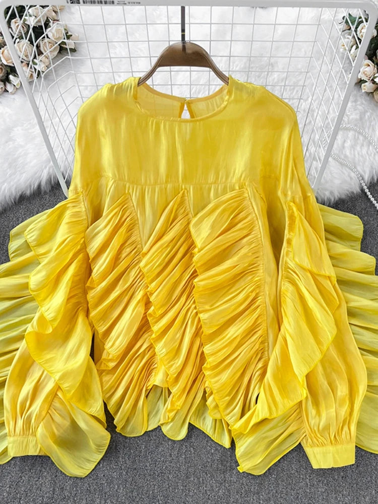 Women Spring Autumn Blouse New European American Vintage Round Neck Ruffle Loose Long Sleeved Foreign Style Irregular Top