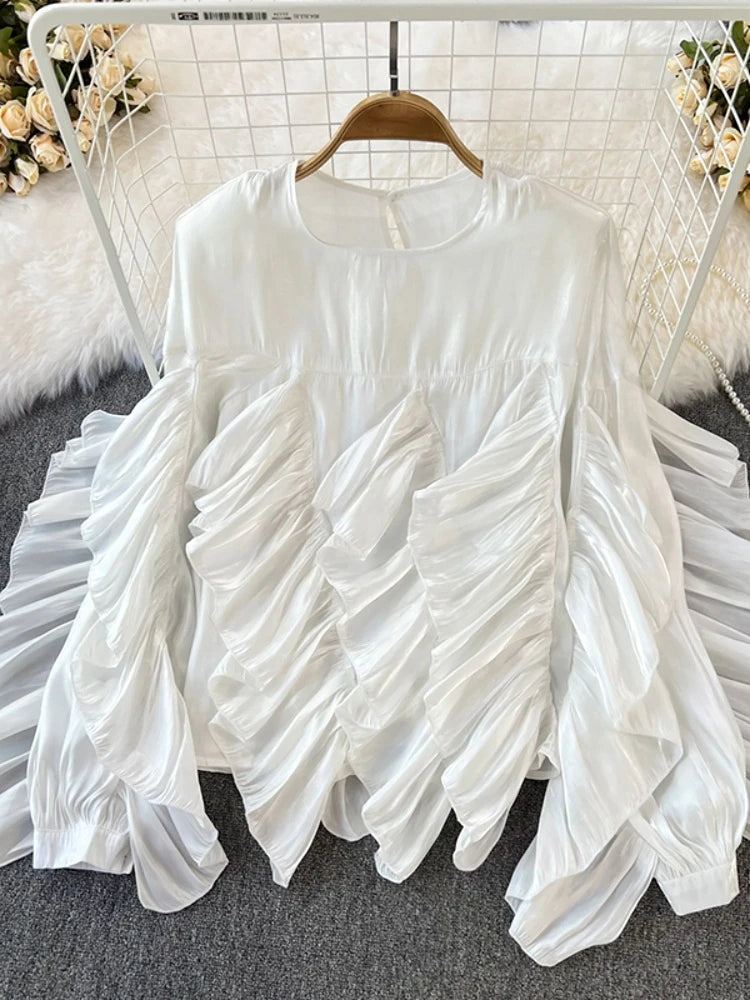 Women Spring Autumn Blouse New European American Vintage Round Neck Ruffle Loose Long Sleeved Foreign Style Irregular Top
