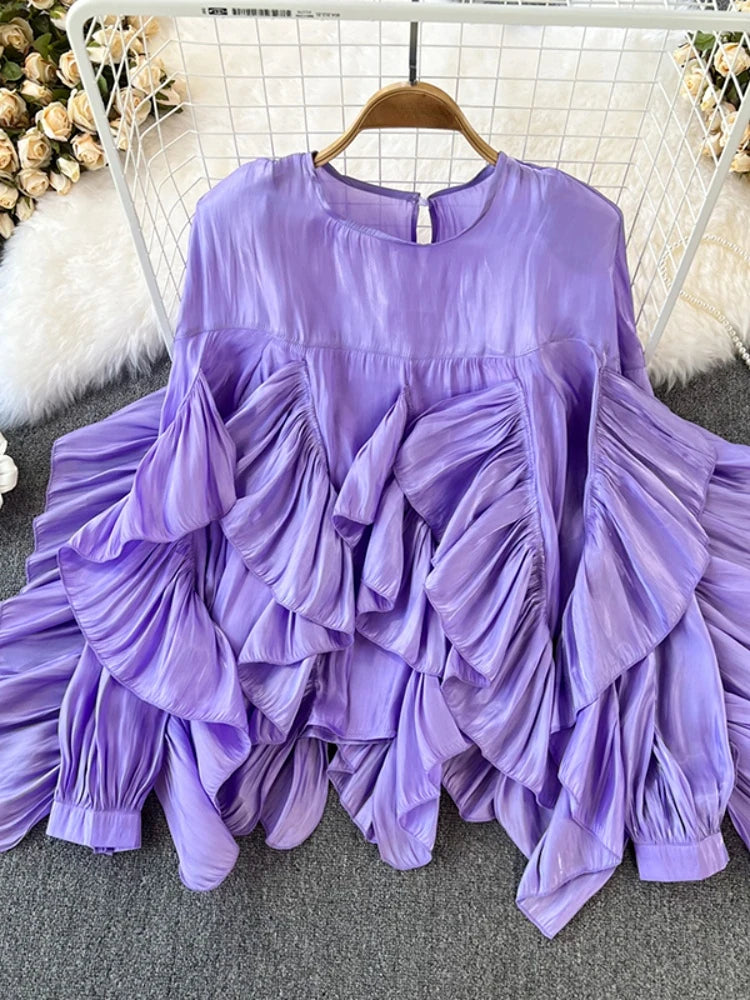 Women Spring Autumn Blouse New European American Vintage Round Neck Ruffle Loose Long Sleeved Foreign Style Irregular Top