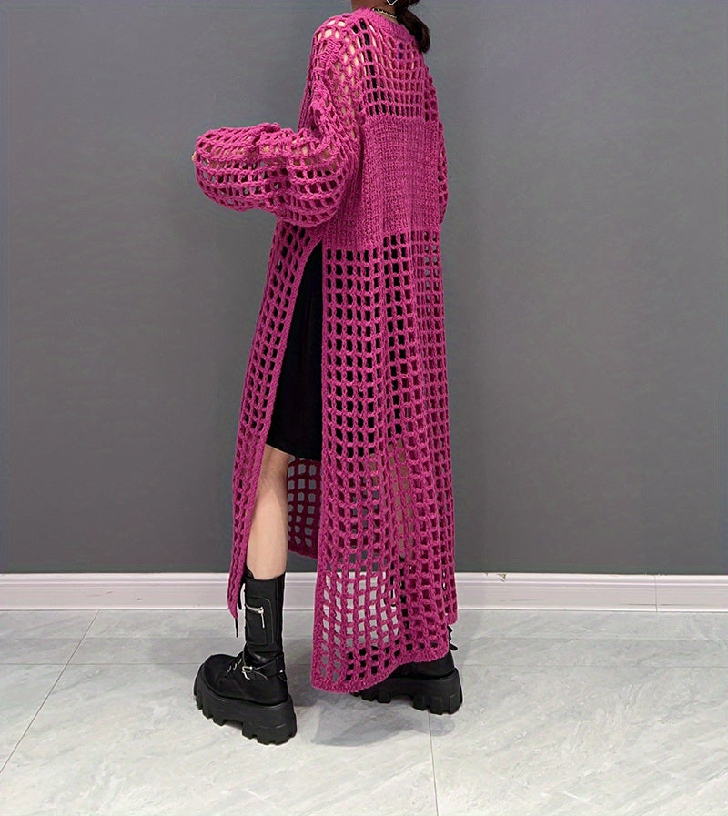 Crochet Split Thigh Dress, Casual Solid Long Sleeve Maxi Dress, Women's Clothing