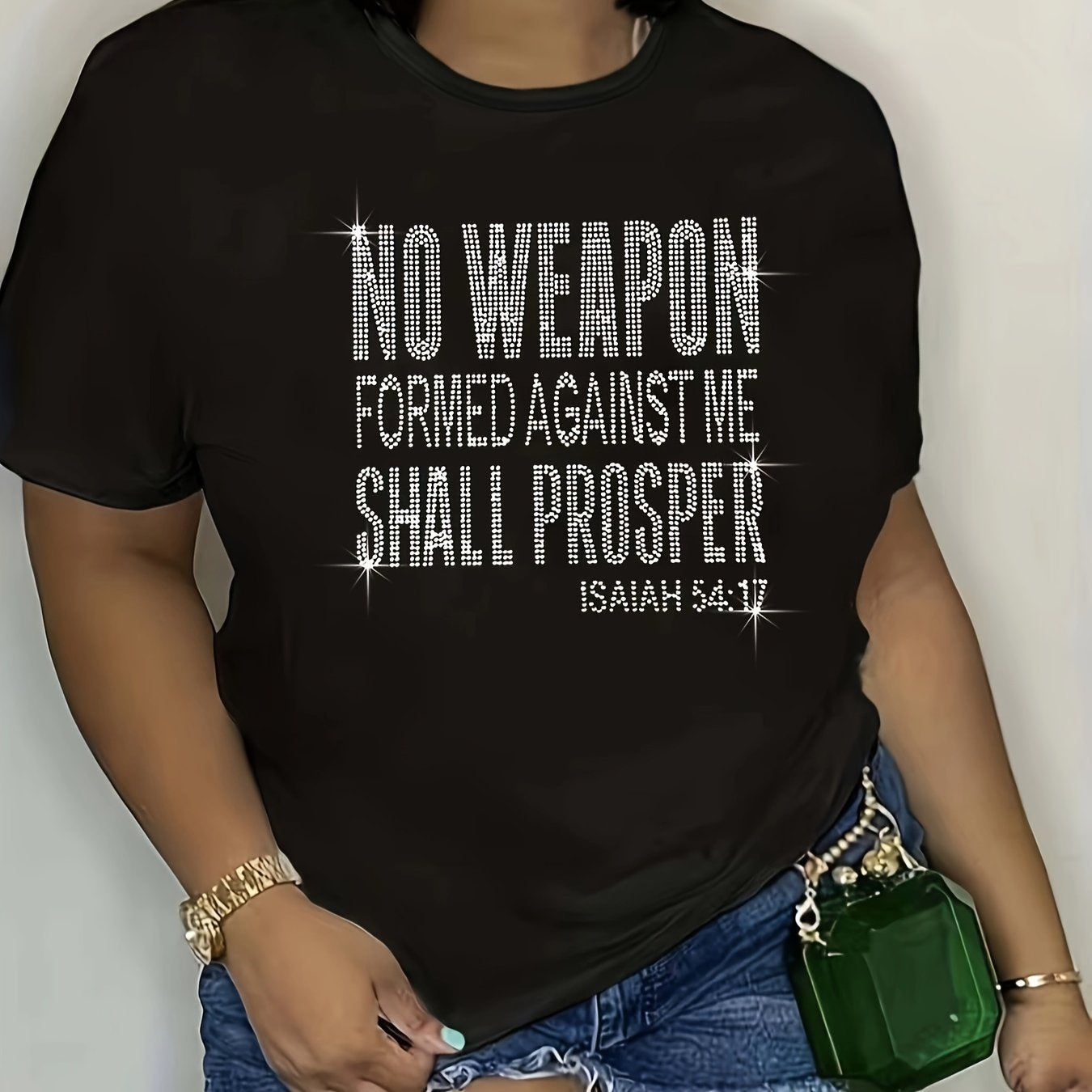 Plus Size Letter Rhinestone T-Shirt, Casual Crew Neck Short Sleeve T-Shirt, Women's Plus Size Clothing