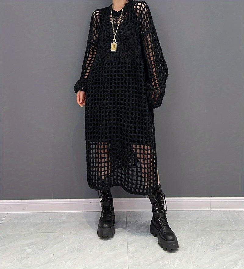 Crochet Split Thigh Dress, Casual Solid Long Sleeve Maxi Dress, Women's Clothing