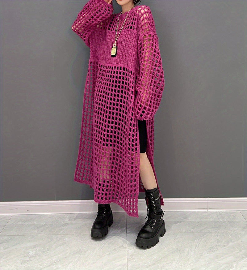 Crochet Split Thigh Dress, Casual Solid Long Sleeve Maxi Dress, Women's Clothing
