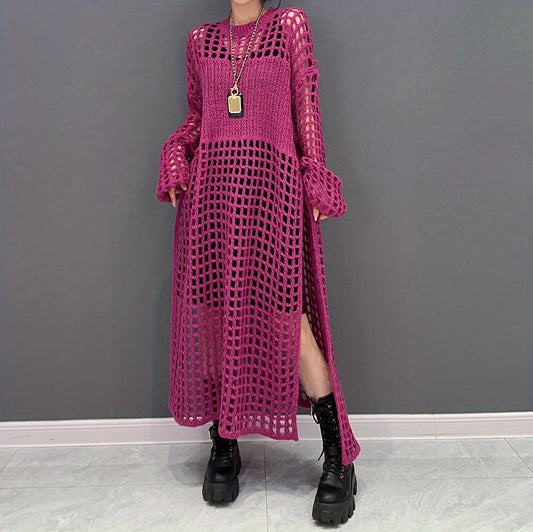Crochet Split Thigh Dress, Casual Solid Long Sleeve Maxi Dress, Women's Clothing